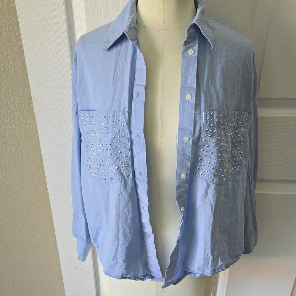 Zara Light Blue Studded Pocket Button Down Shirt Medium